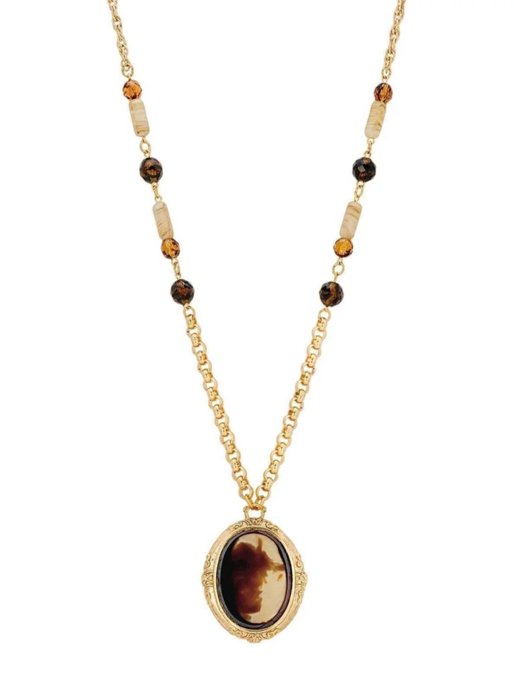 NWT 1928 German Oval Tortoise Antique Glass Stone Beaded Pendant Necklace 30"